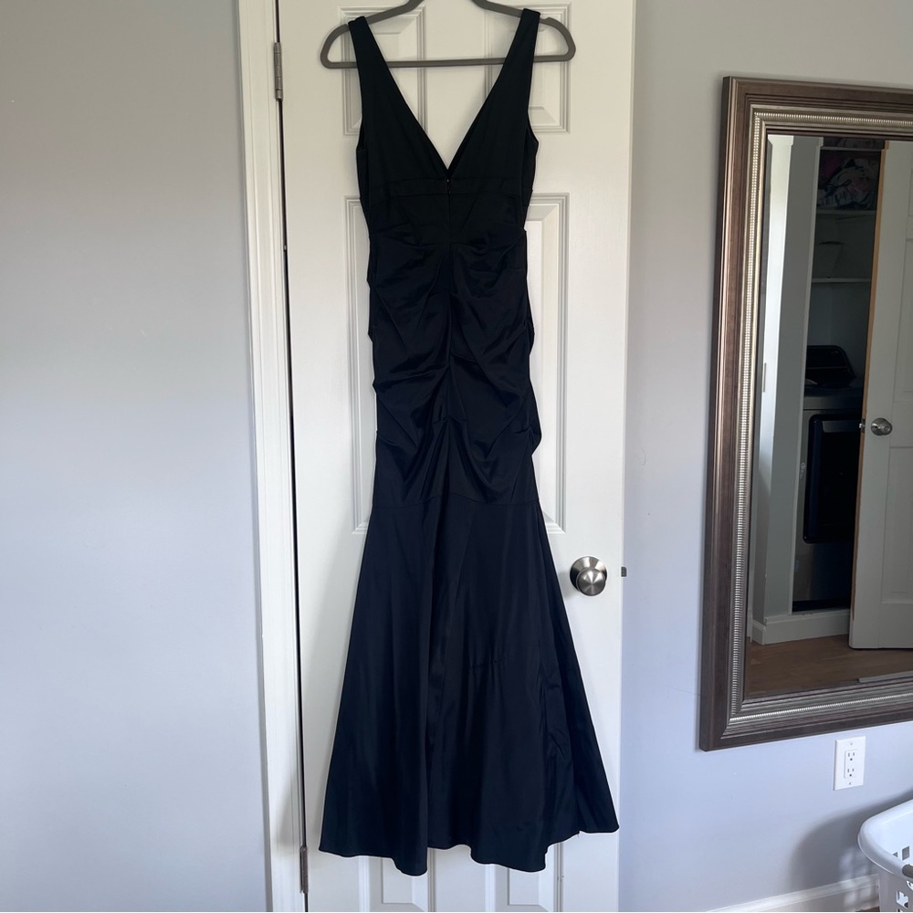 Xscape Black Mermaid Ball Gown with Deep V & Ruching – Size 4